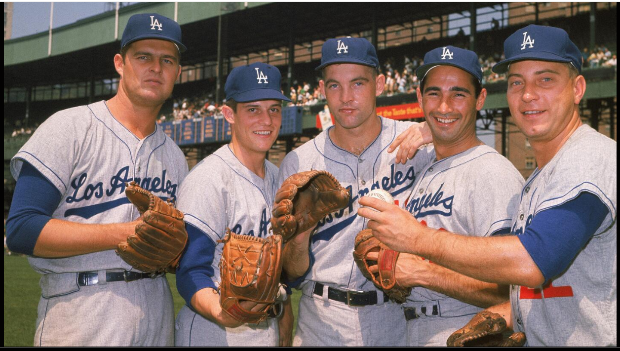Dodgers pitchers (from left to right) Don Drysdale, Pete Richert, Stan Williams, Sandy Koufax and Johnny Podres